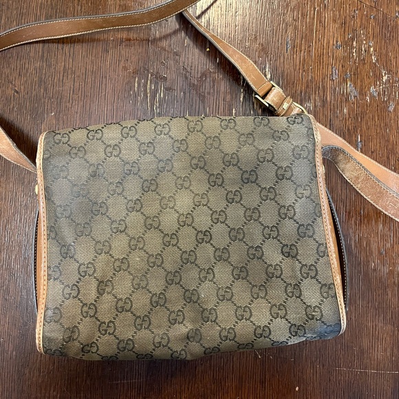 Vintage Gucci small Crossbody canvas tote bag. Brown w/ brown leather accents. - Picture 2 of 8